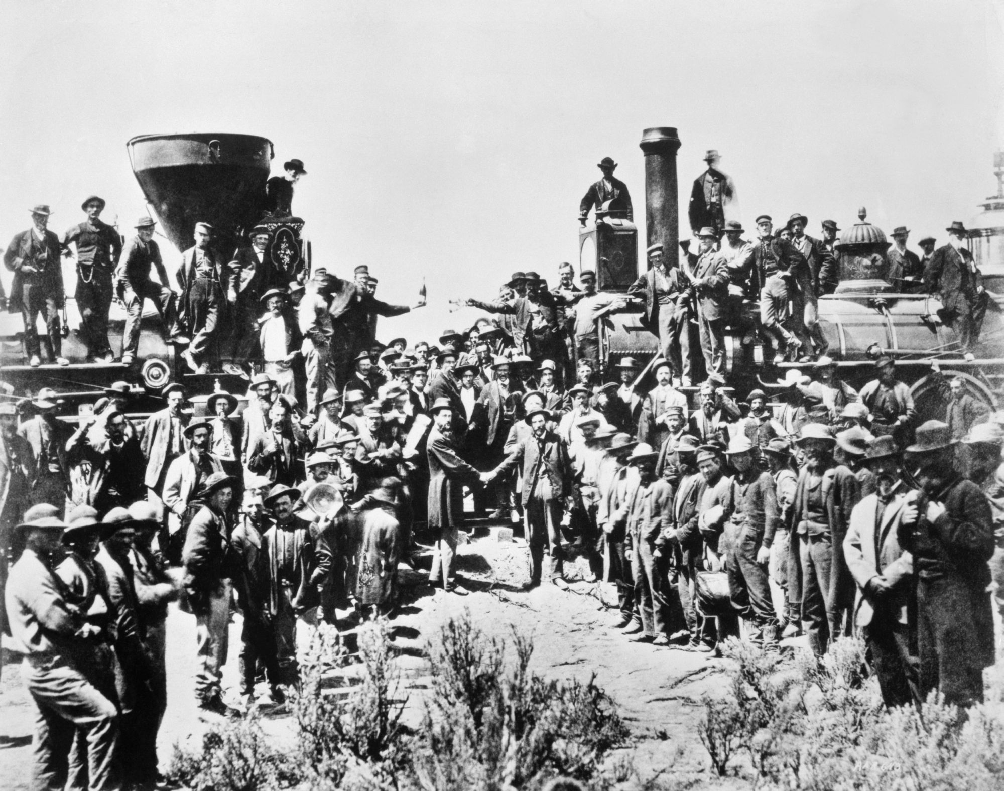 Historical illustration of the joining of the transcontinental railroad at Promontory Summit